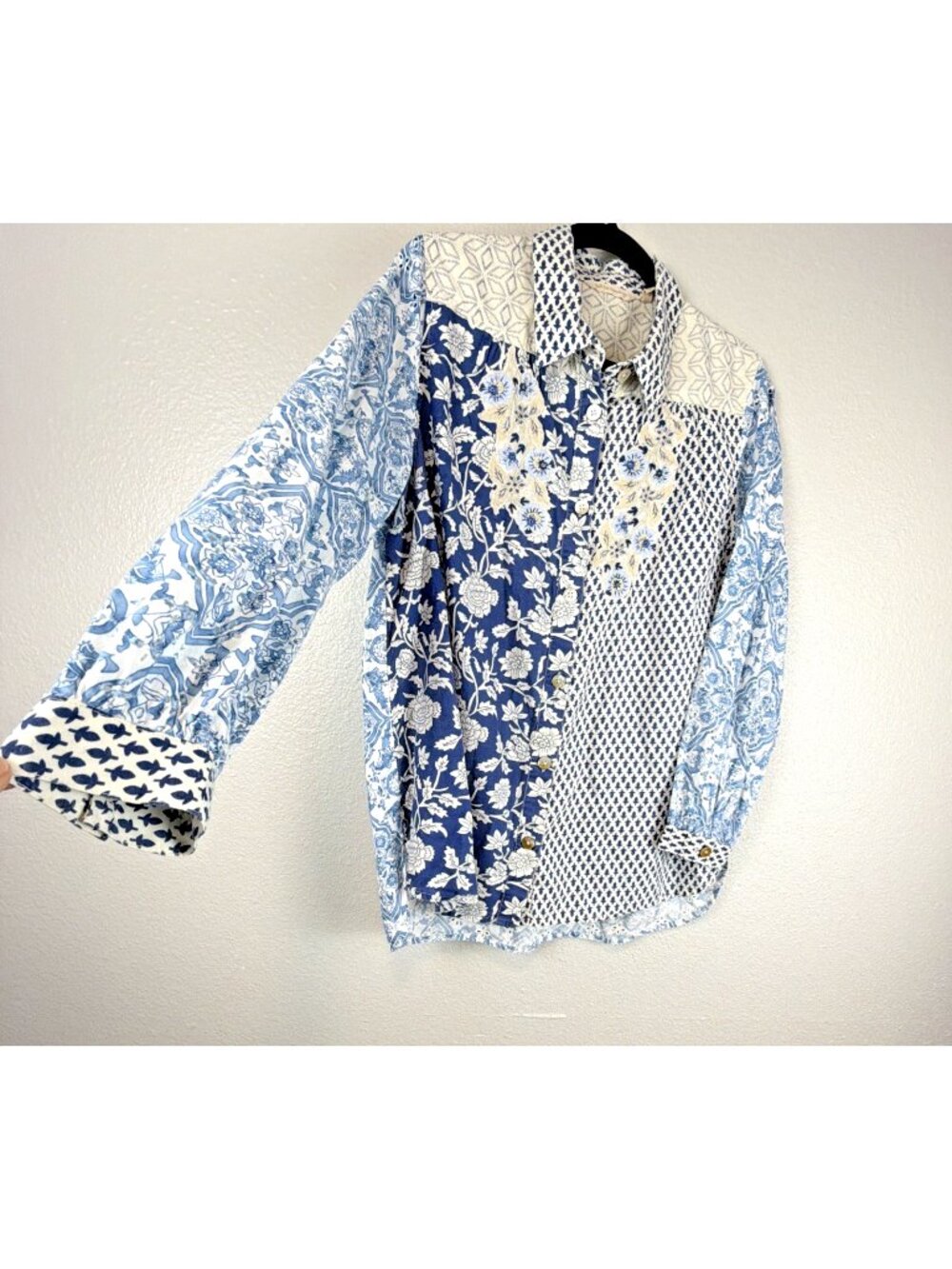 Soft Surroundings Patchwork Prairie Shirt Large Blue Floral Cottagecore Boho - Picture 4 of 11